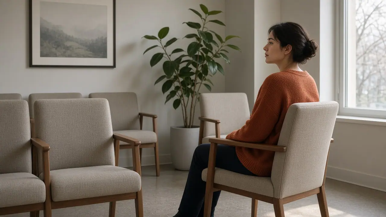 Adult waiting in a small clinic seating area