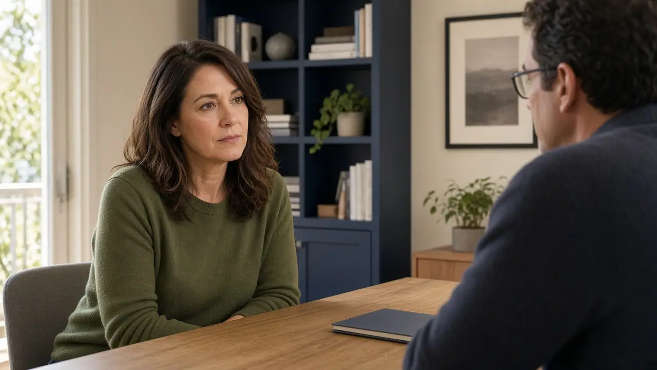 Adult patient speaking with a physician across a consultation table